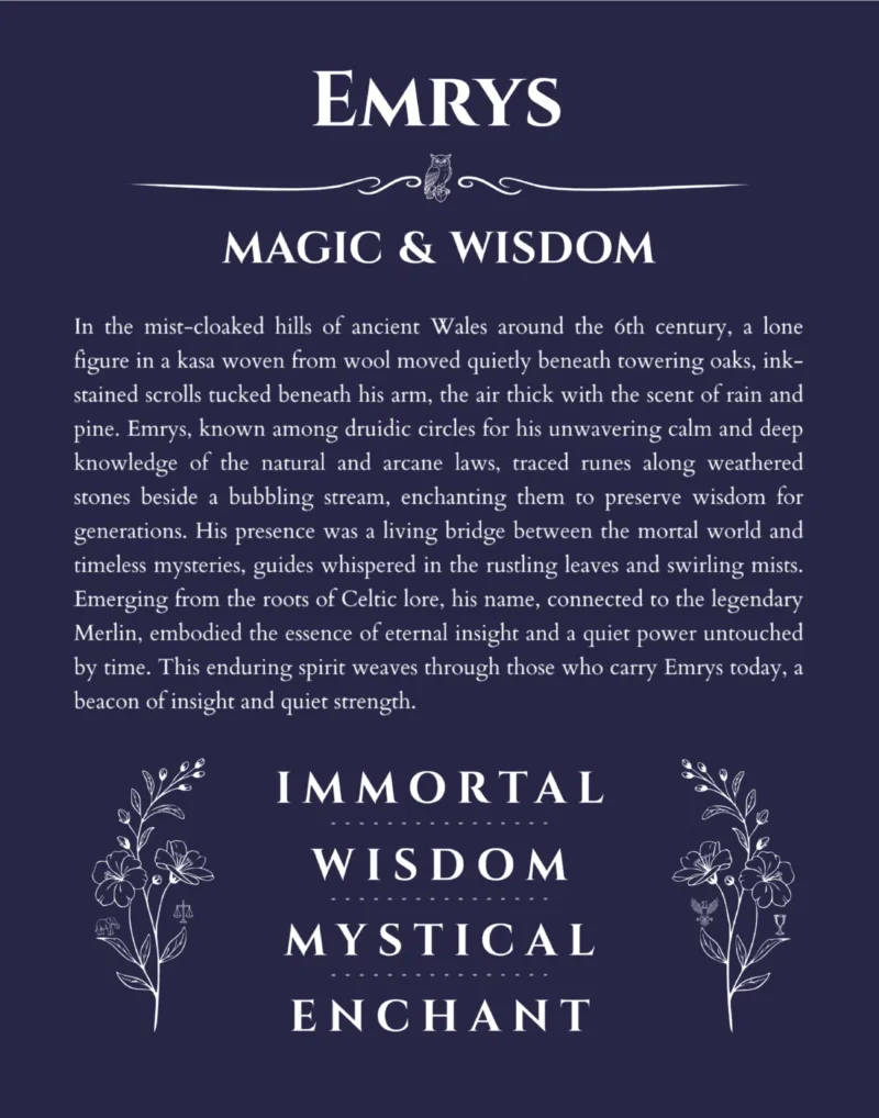 Emrys personalized name print with origin and traits in navy blue