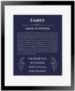 Emrys personalized name print with origin and traits in navy blue with black matte frame