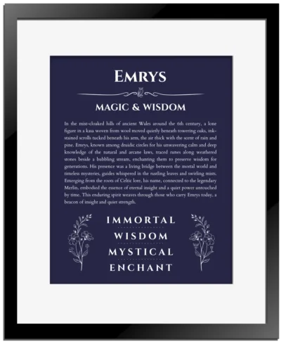 Emrys personalized name print with origin and traits in navy blue with black matte frame
