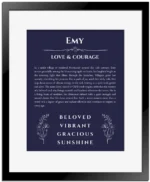 Emy personalized name meaning print in navy blue with black matte frame