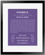 Endrick name origin print with meaning and traits in purple with black matte frame