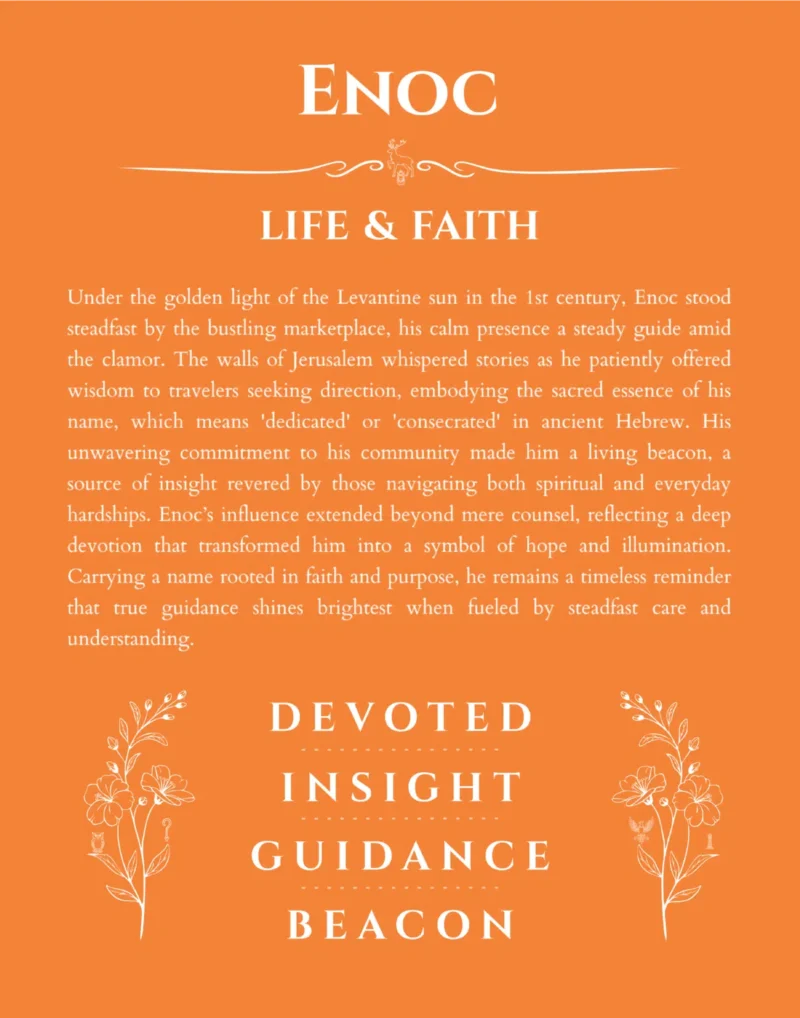 Enoc name origin print with meaning and traits in orange