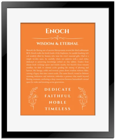 Enoch personalized name art with origin story in orange with black matte frame