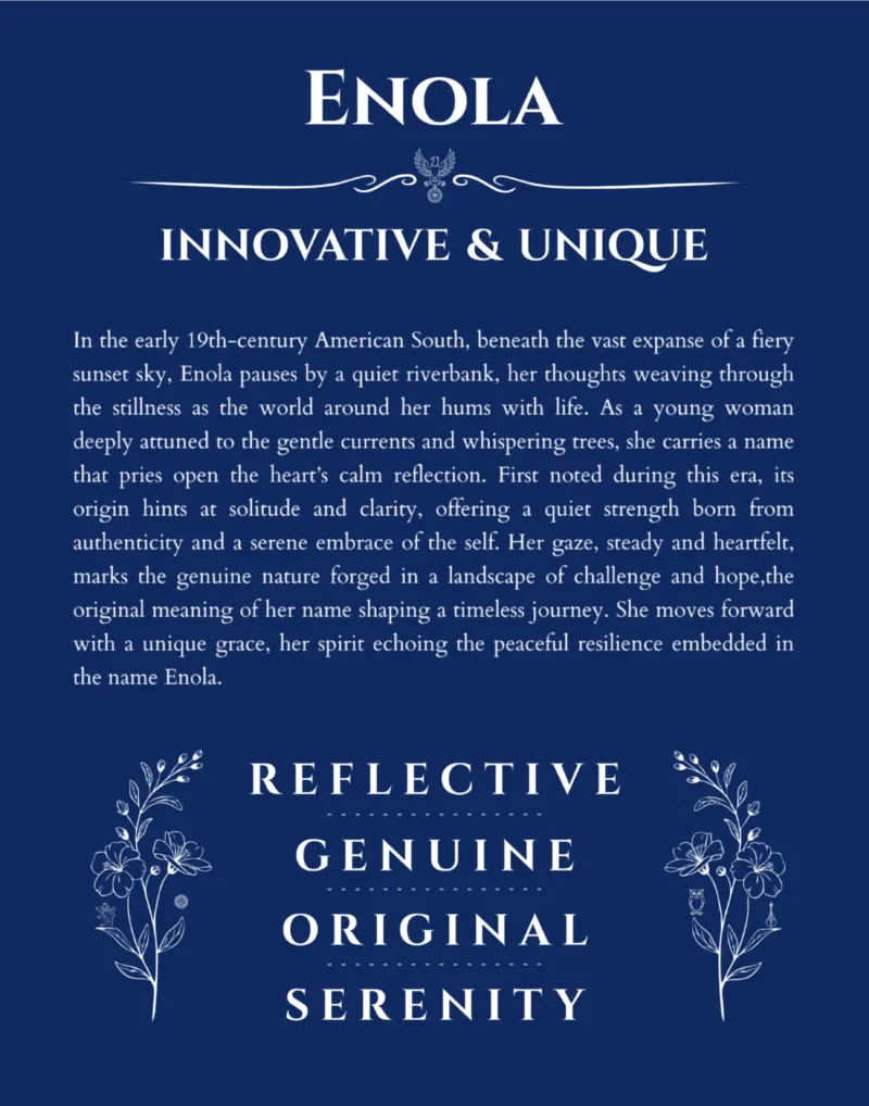 Enola name origin print with meaning and traits in deep blue