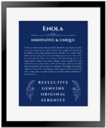 Enola name origin print with meaning and traits in deep blue with black matte frame