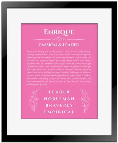 Enrique name origin print with meaning and traits in pink with black matte frame