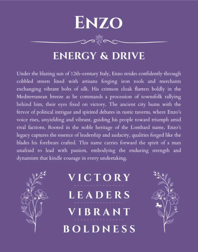 Enzo personalized name art with origin story in purple
