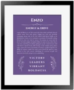Enzo personalized name art with origin story in purple with black matte frame