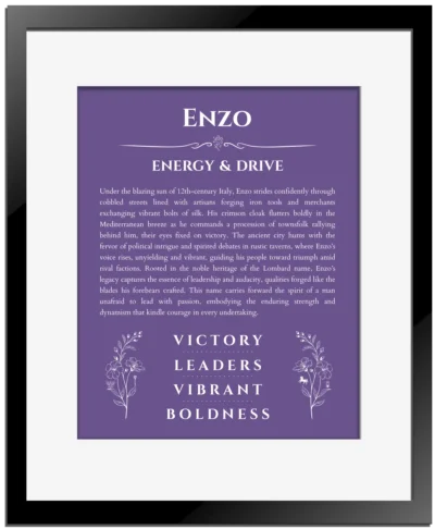 Enzo personalized name art with origin story in purple with black matte frame