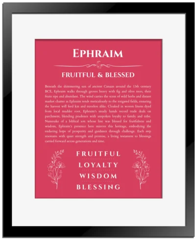 Ephraim personalized name art with origin story in red with black matte frame