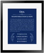 Era custom name art showing meaning and origin in deep blue with black matte frame