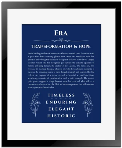 Era custom name art showing meaning and origin in deep blue with black matte frame