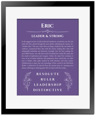 Eric name meaning wall art by Get Your Story in purple with black matte frame