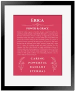 Erica personalized name art with origin story in red with black matte frame