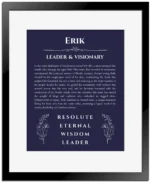 Erik custom name print for wall display in navy blue with black matte frame