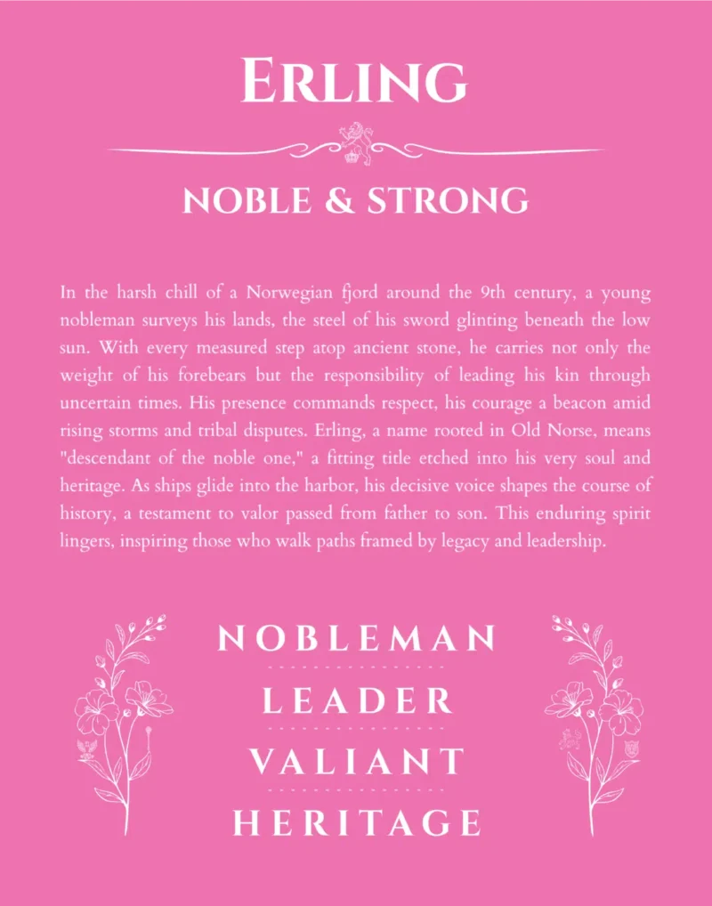 Erling name origin print with meaning and traits in pink