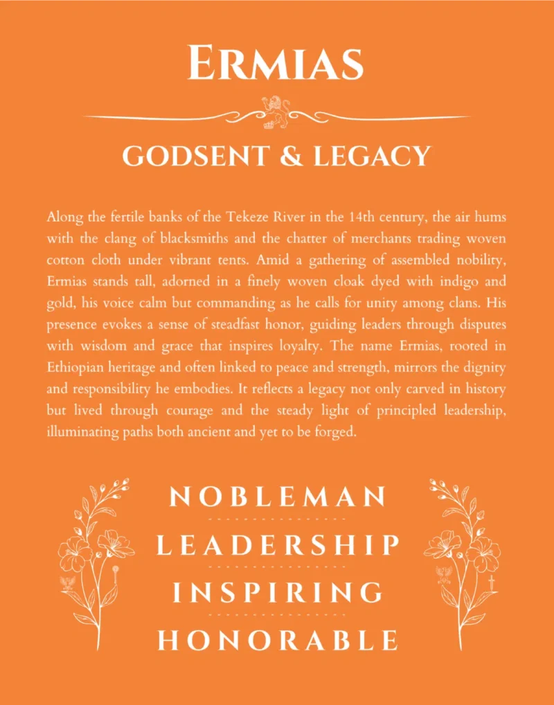 Ermias name origin print with meaning and traits in orange