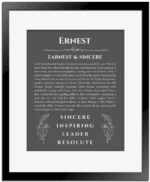 Ernest custom name print for wall display in gray with black matte frame
