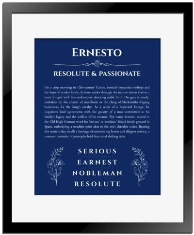 Ernesto name meaning gift print in deep blue with black matte frame