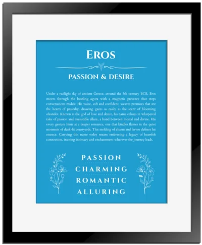 Eros custom name meaning print in blue with black matte frame