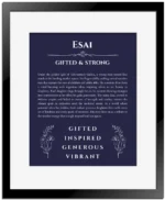 Esai personalized name meaning print in navy blue with black matte frame
