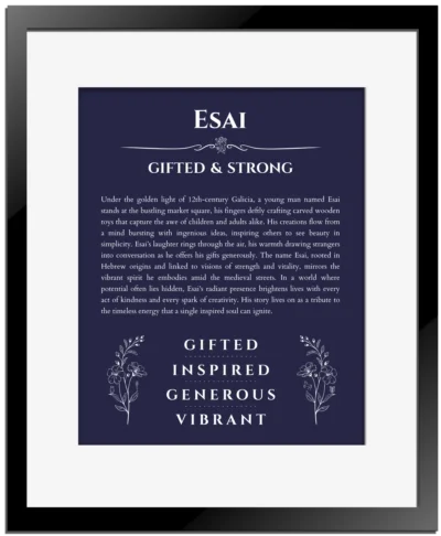 Esai personalized name meaning print in navy blue with black matte frame
