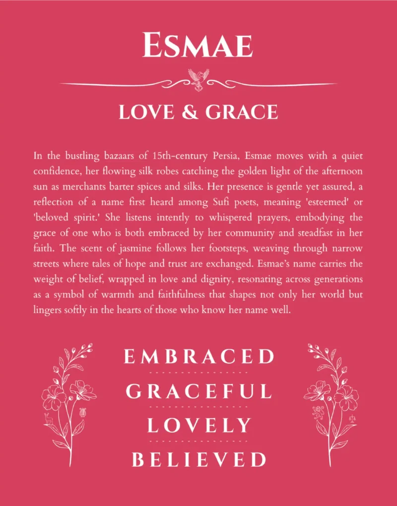 Esmae custom name art showing meaning and origin in red