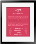 Esmae custom name art showing meaning and origin in red with black matte frame