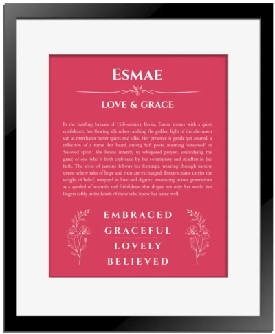 Esmae custom name art showing meaning and origin in red with black matte frame