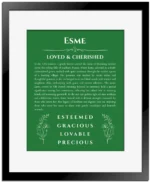 Esme name meaning gift print in dark green with black matte frame