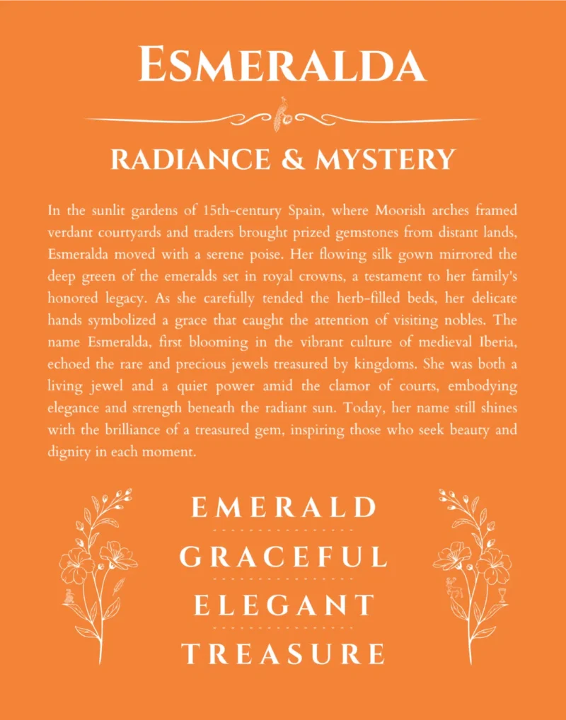 Esmeralda custom name art showing meaning and origin in orange