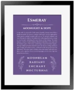 Esmeray personalized wall art with the story of your name in purple with black matte frame