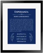 Esperanza custom name print for wall display in deep blue with black matte frame