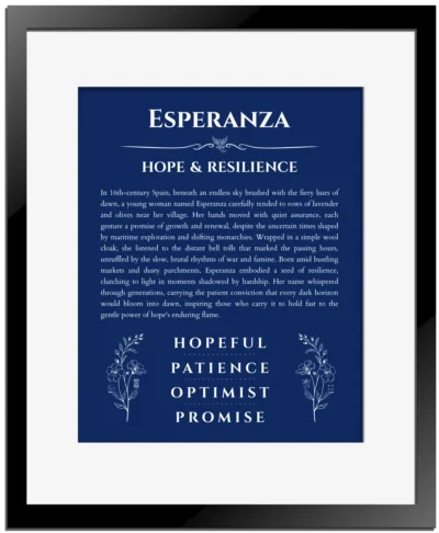 Esperanza custom name print for wall display in deep blue with black matte frame