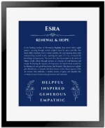Esra name origin print with meaning and traits in deep blue with black matte frame