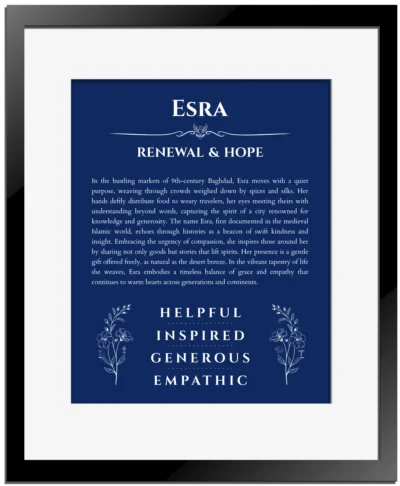 Esra name origin print with meaning and traits in deep blue with black matte frame