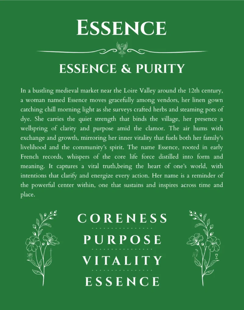 Essence personalized name print with origin and traits in dark green