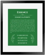 Essence personalized name print with origin and traits in dark green with black matte frame