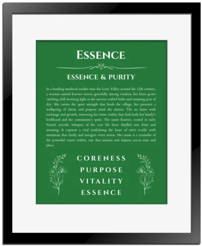 Essence personalized name print with origin and traits in dark green with black matte frame