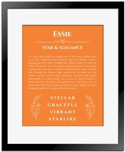 Essie name origin print with meaning and traits in orange with black matte frame