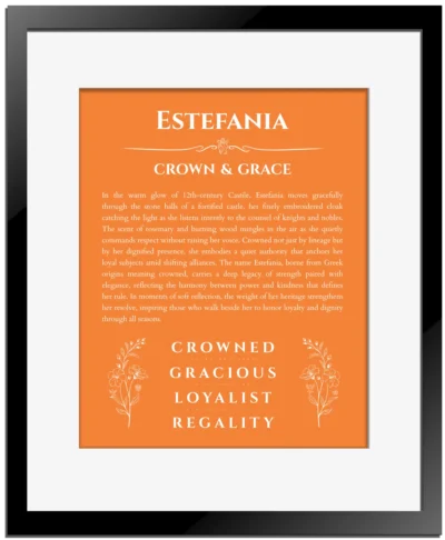 Estefania custom name meaning print in orange with black matte frame