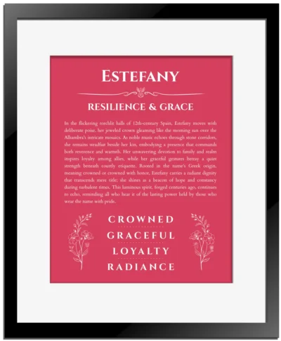 Estefany custom name meaning print in red with black matte frame
