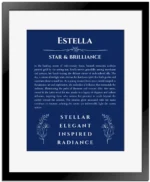 Estella personalized name print with origin and traits in deep blue with black matte frame