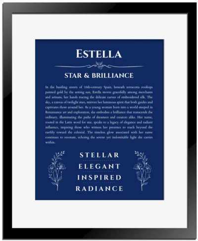 Estella personalized name print with origin and traits in deep blue with black matte frame