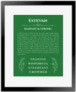 Estevan personalized wall art with the story of your name in dark green with black matte frame