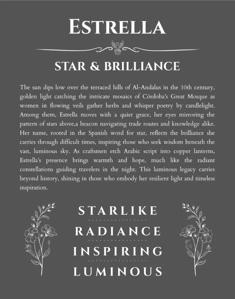 Estrella custom name art showing meaning and origin in gray