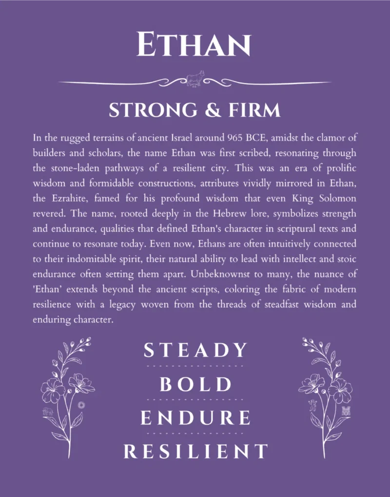 Ethan name origin print with meaning and traits in purple