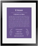 Ethan name origin print with meaning and traits in purple with black matte frame