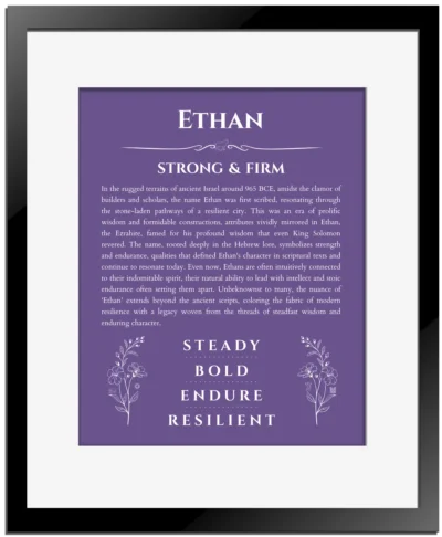 Ethan name origin print with meaning and traits in purple with black matte frame
