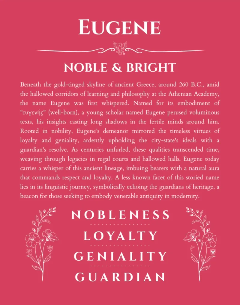 Eugene name origin print with meaning and traits in red